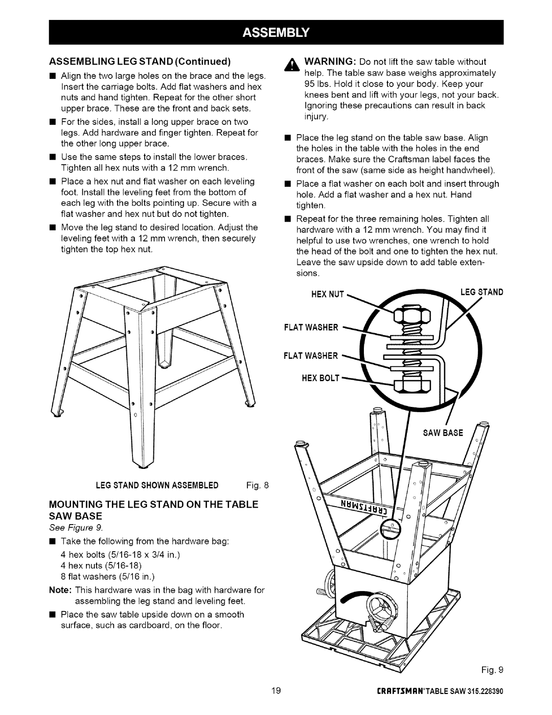 Craftsman 315.22839 owner manual ASSEMBLING LEG STAND Continued, Mounting The Leg Stand On The Table Saw Base 