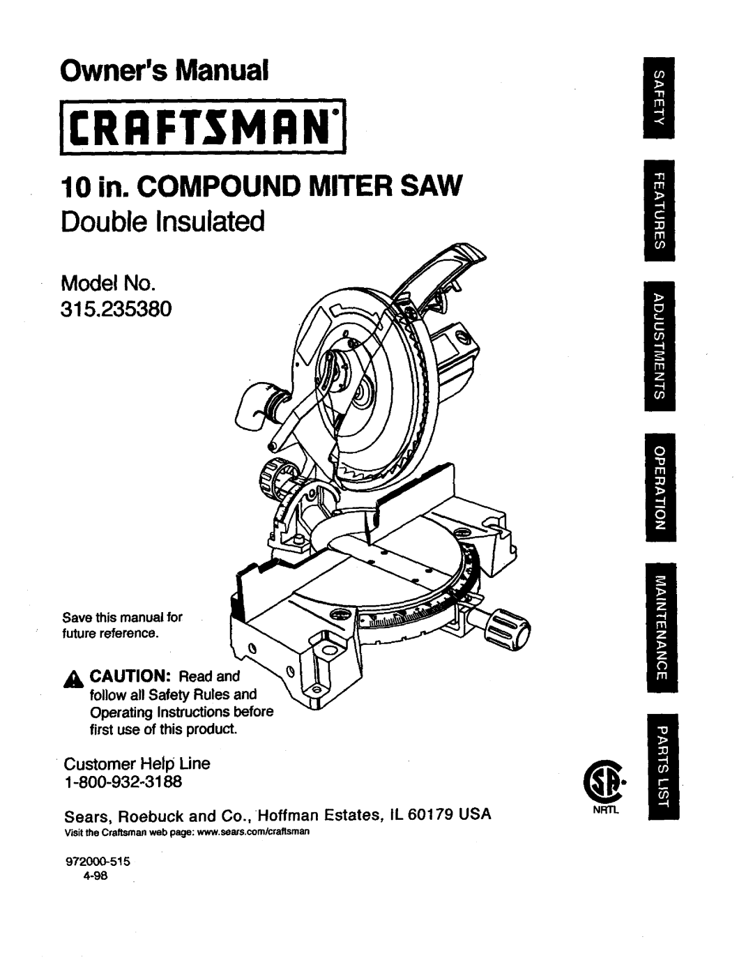 Craftsman 315.23538 owner manual OwnersManual, Nrtl 