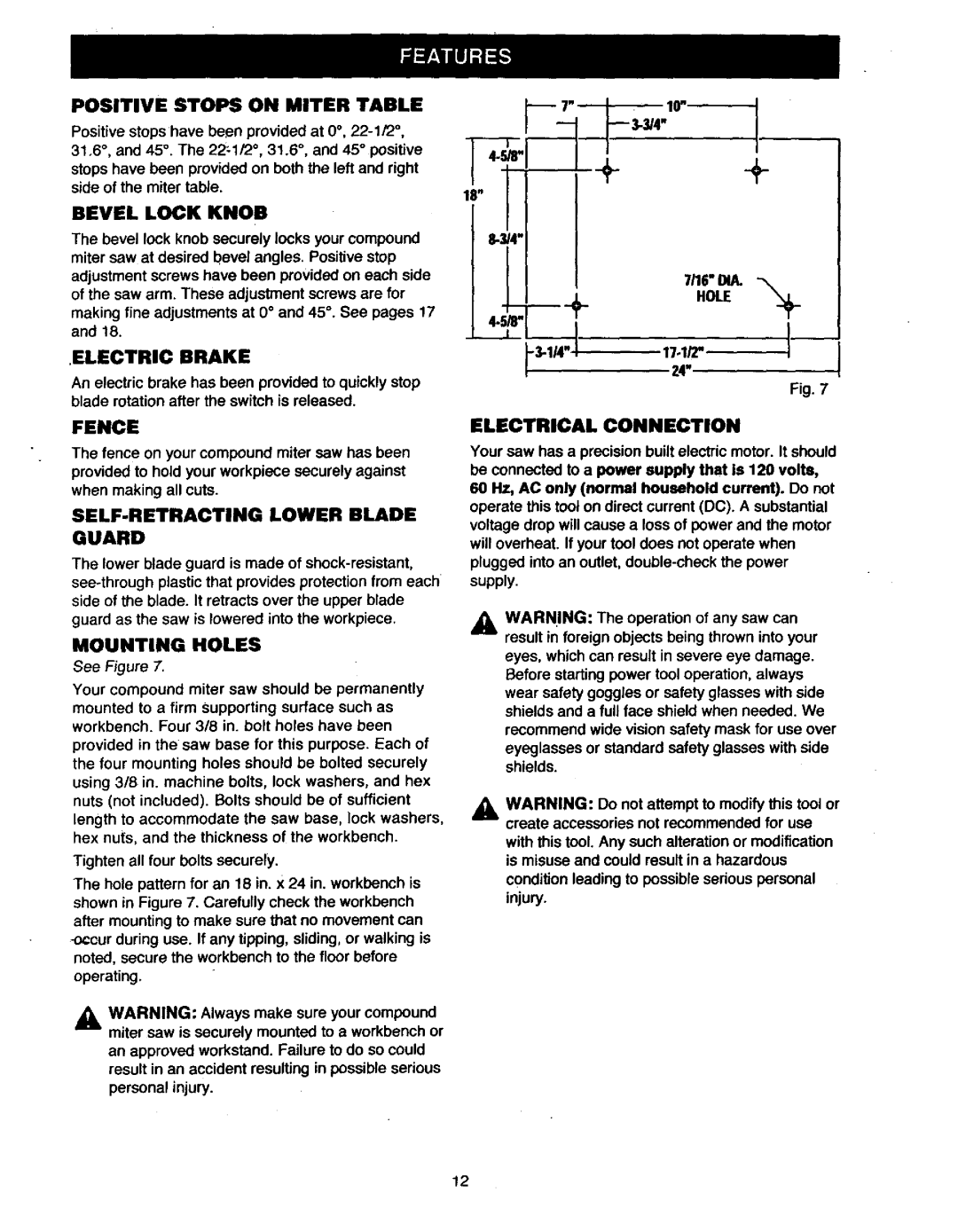 Craftsman 315.23538 owner manual Positive Stops on Miter Table, Bevel Lock Knob, Fence, SELF-RETRACTING Lower Blade Guard 