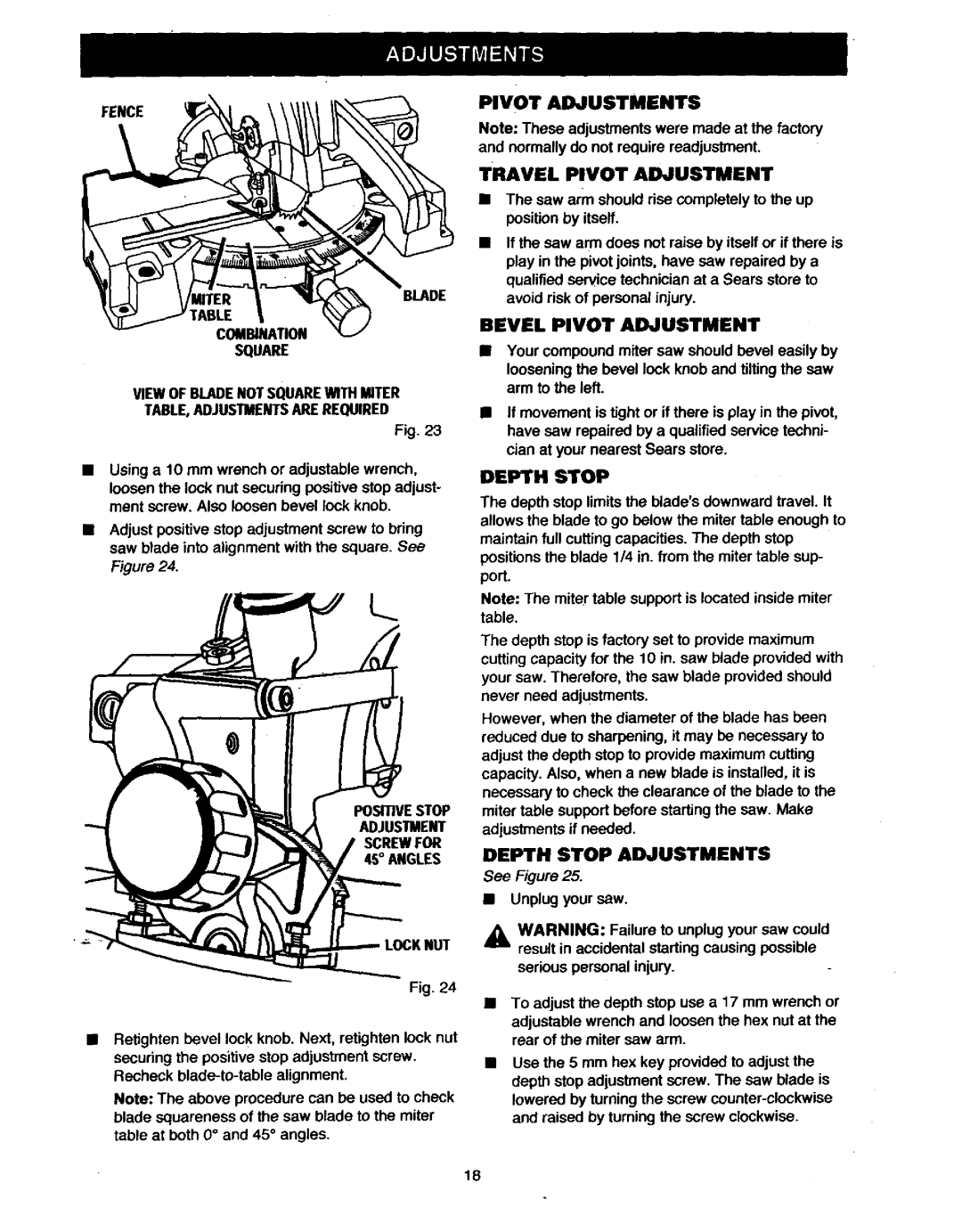 Craftsman 315.23538 owner manual Pivot Adjustments, Bevel Pivot Adjustment, Depth Stop Adjustments 