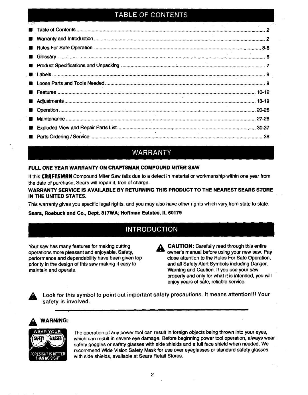 Craftsman 315.23538 owner manual Glossary, Full ONE Year Warranty on CRAFTSMAN. Compound Miter SAW 