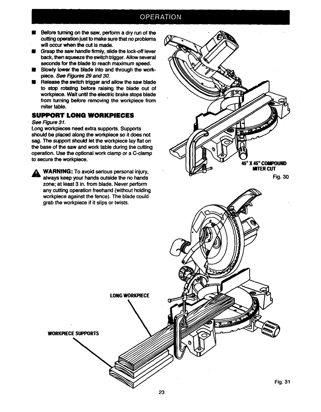 Craftsman 315.23538 owner manual Iece. See Figures 29, Support Long Workpieces, Longworkrece 