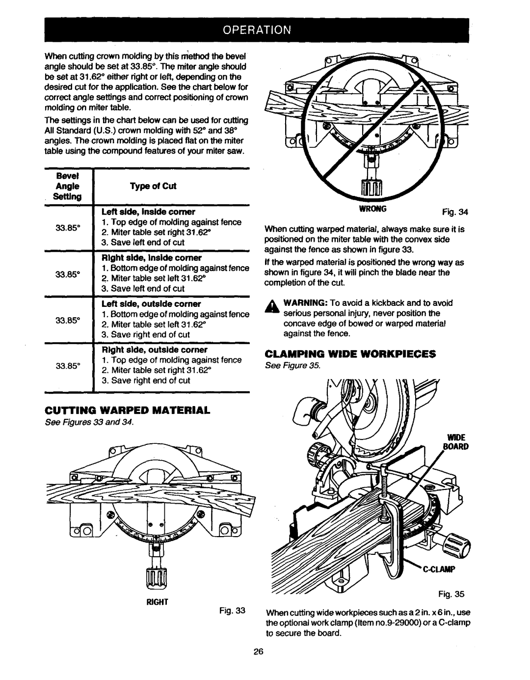 Craftsman 315.23538 owner manual Cutting Warped Material, Right Wrong, Clamping Wide Workpieces, Wide Board 