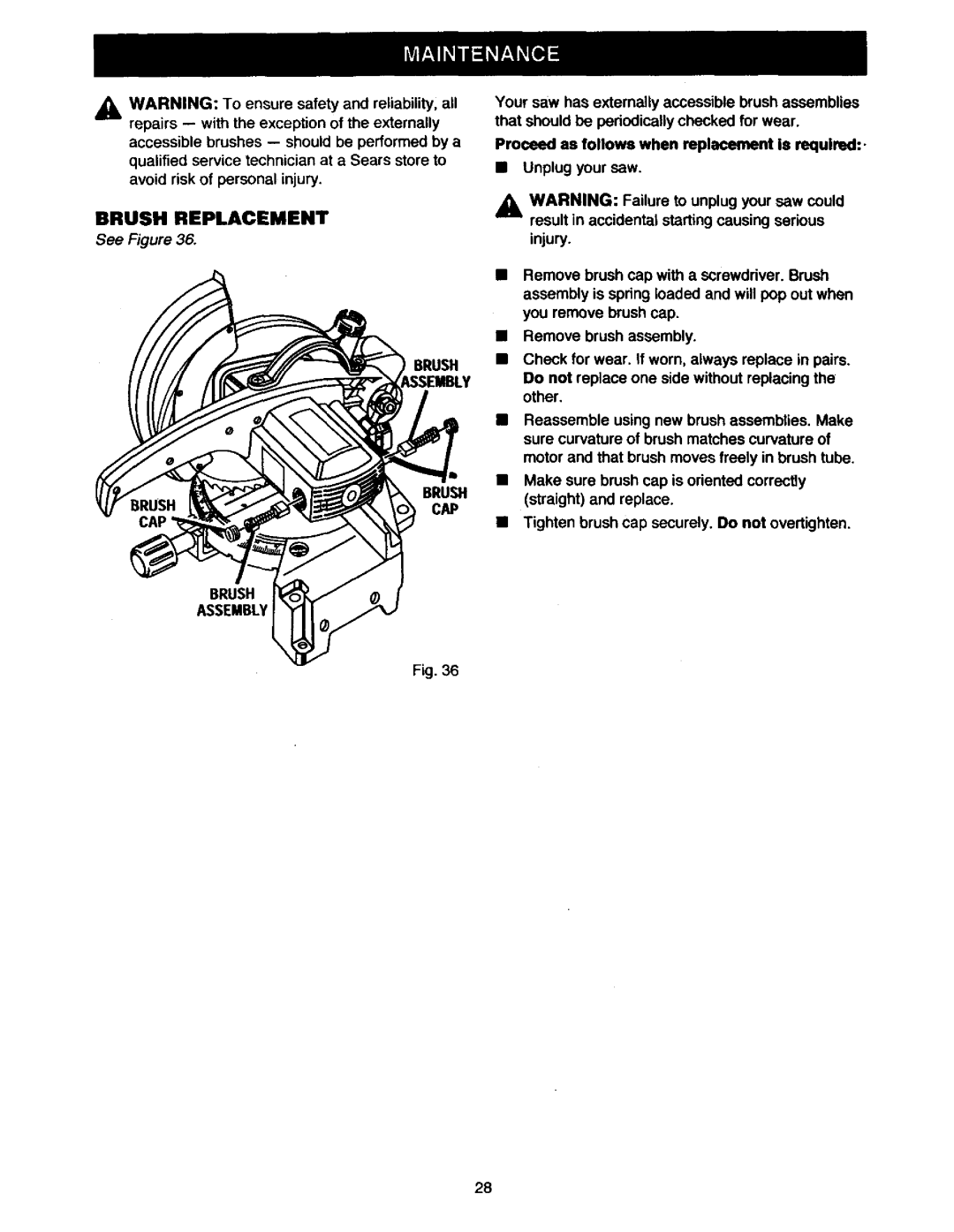 Craftsman 315.23538 owner manual Brush Replacement, Brush CAP Assembly 