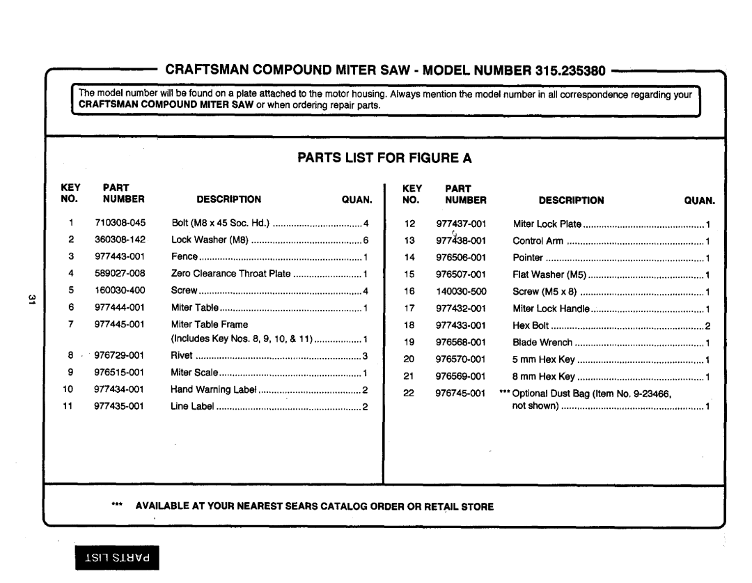 Craftsman 315.23538 owner manual KEY Part NO. Number, KEY Part Descripon Guan Number, Description Ouan 