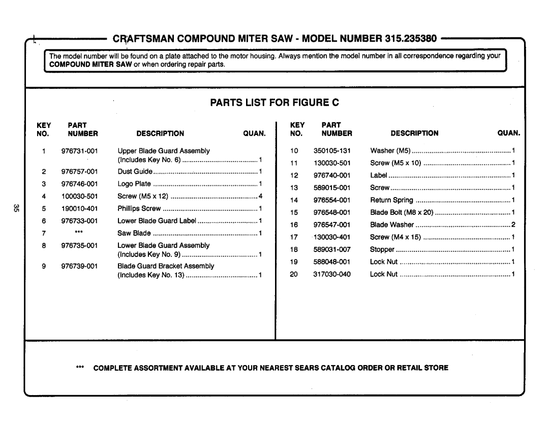 Craftsman 315.23538 owner manual Parts List for Figure C, KEY Part Descripon Quan Number 