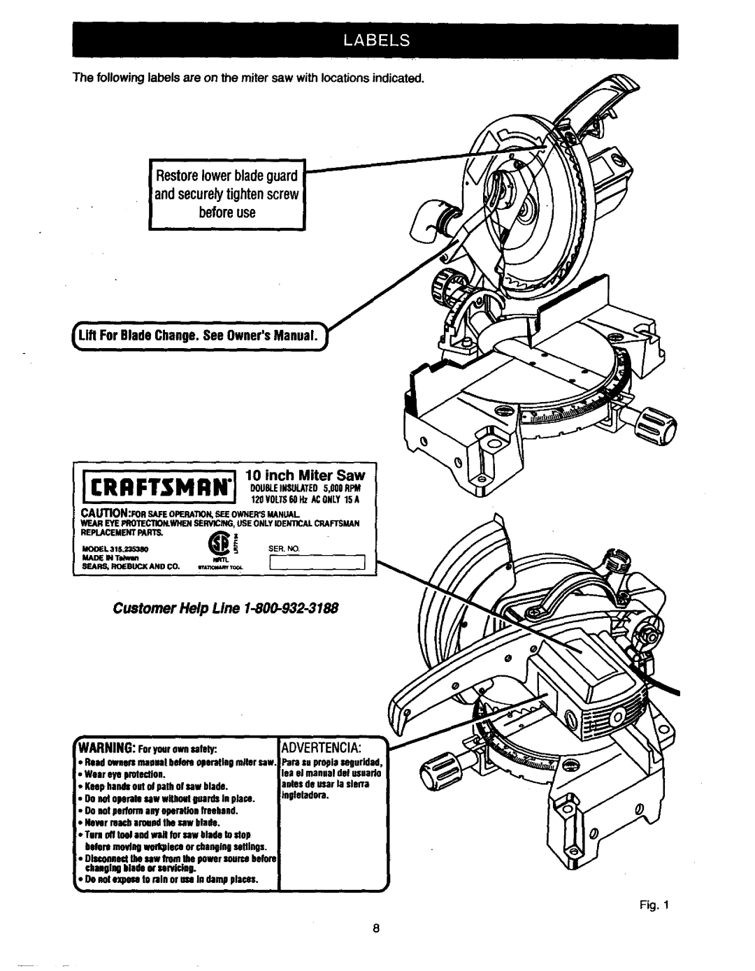 Craftsman 315.23538 owner manual Customer Help Line 