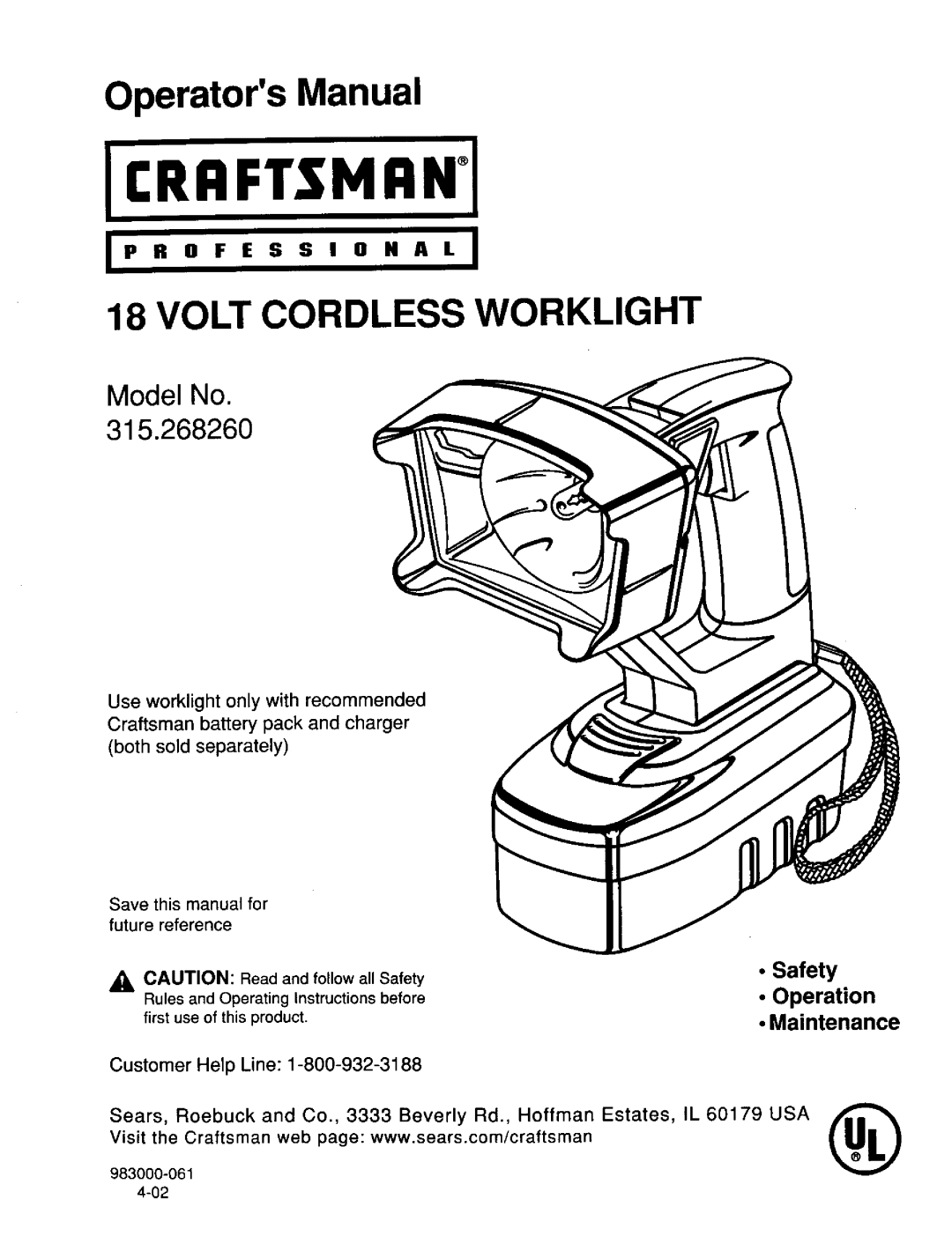 Craftsman 315.268260 operating instructions OperatorsManual, Model No 