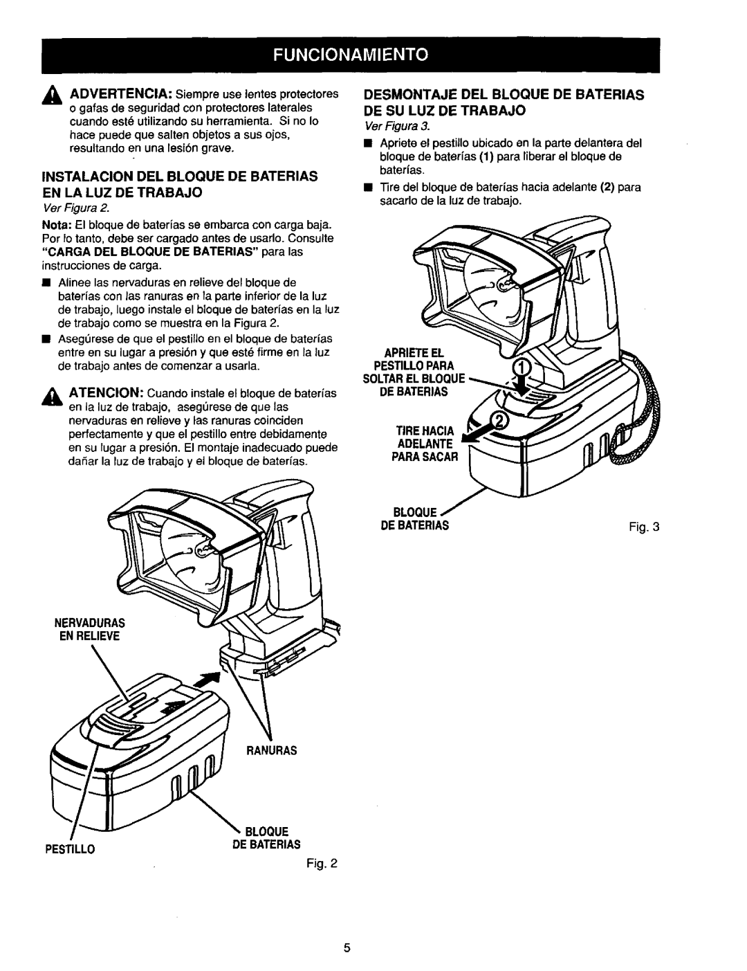 Craftsman 315.268260 operating instructions Instalacion DEL Bloque DE Baterias EN LA LUZ DE Trabajo, Vet Figura 