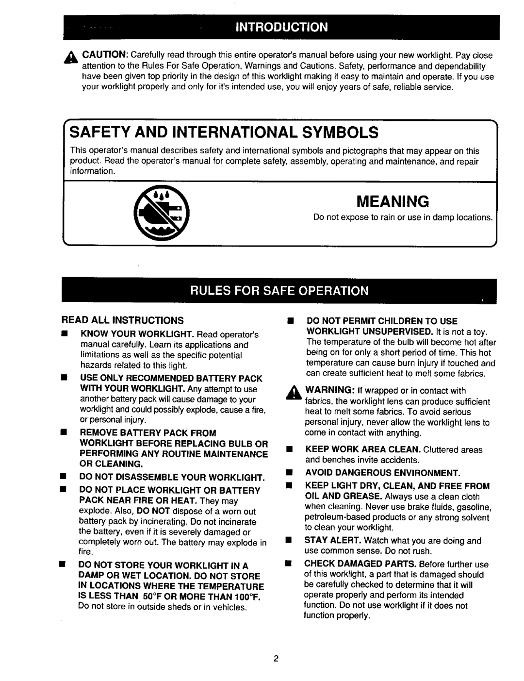 Craftsman 315.268260 Read ALL Instructions Do not Permit Children to USE, Worklight Unsupervised, Remove Battery Pack from 