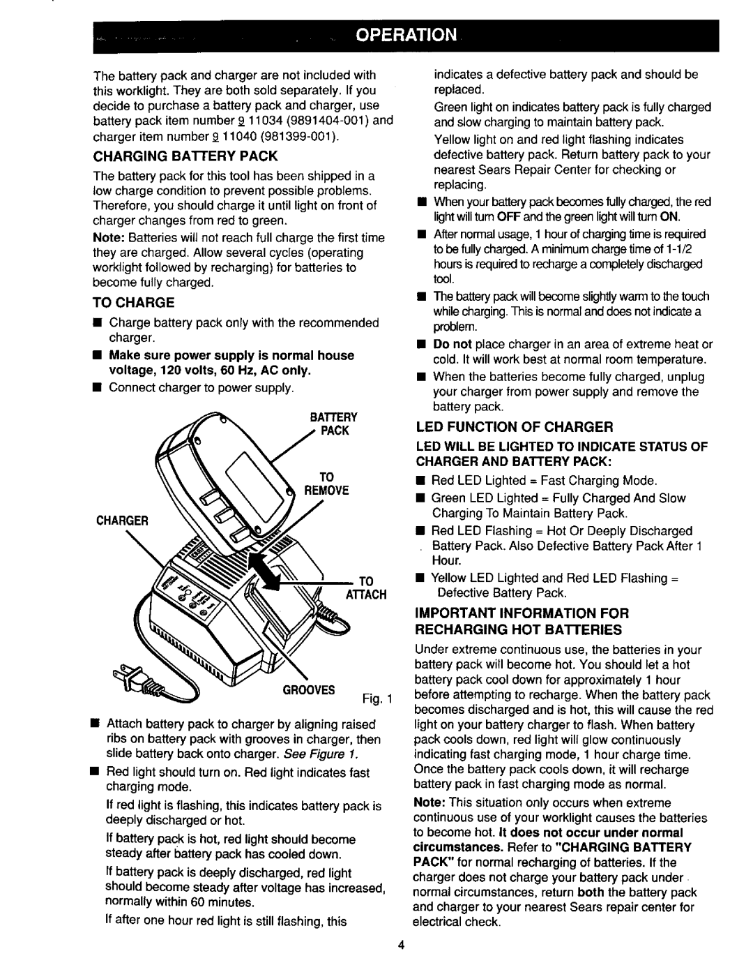 Craftsman 315.268260 Battery Remove Charger, AIrACH, Grooves, Important Information for, Recharging HOT BAnERIES 