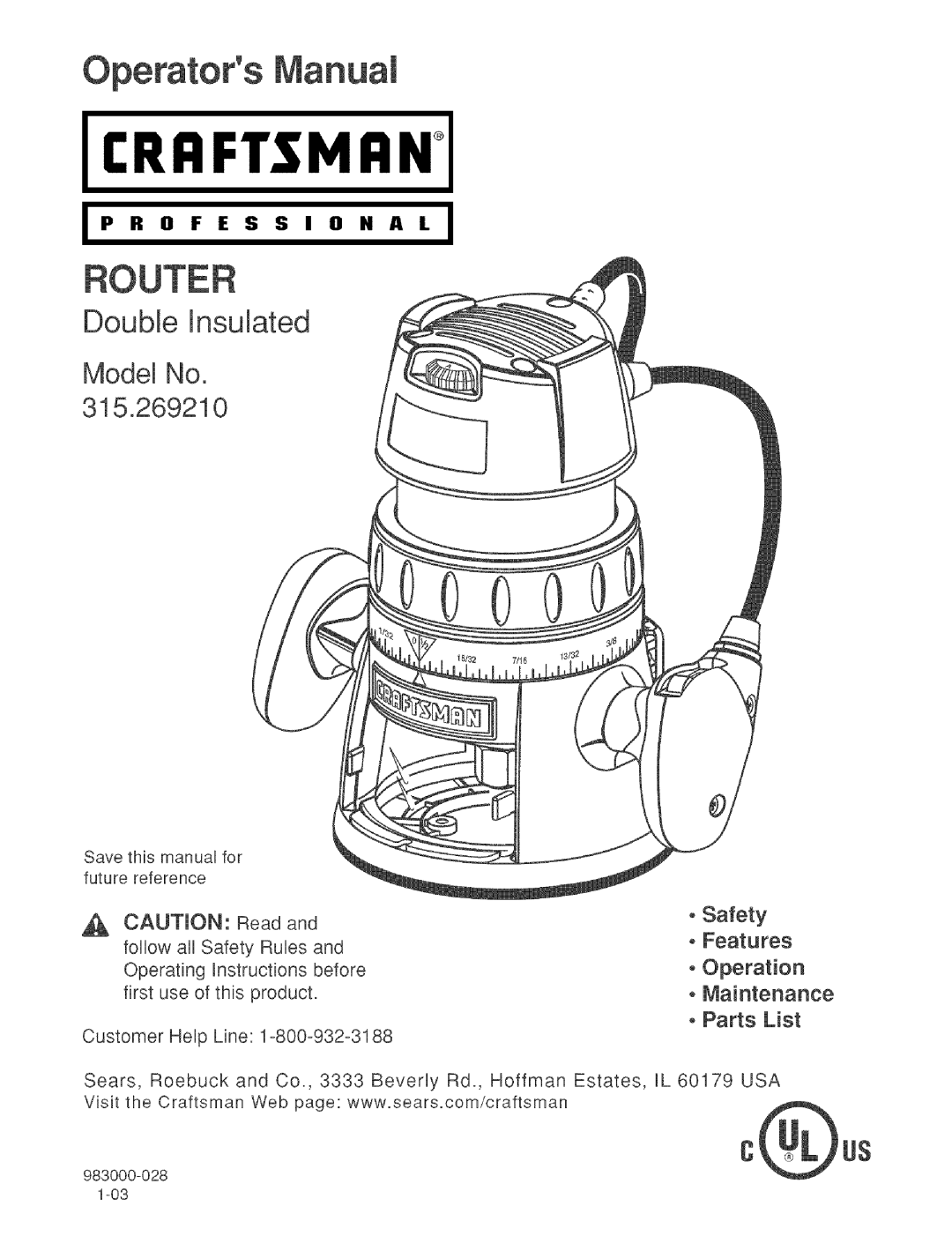 Craftsman 315.26921 manual Craftsman, OSafety Features OOperation oMaintenance Parts List 