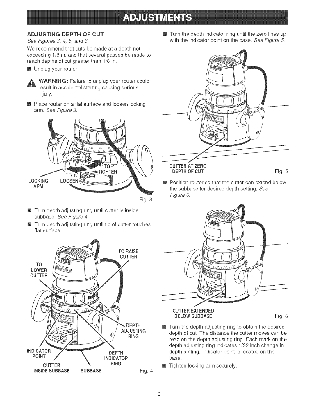 Craftsman 315.26921 manual ADJUSTmNGDEPTHOFCUT, See Figures 3, 4, 5 