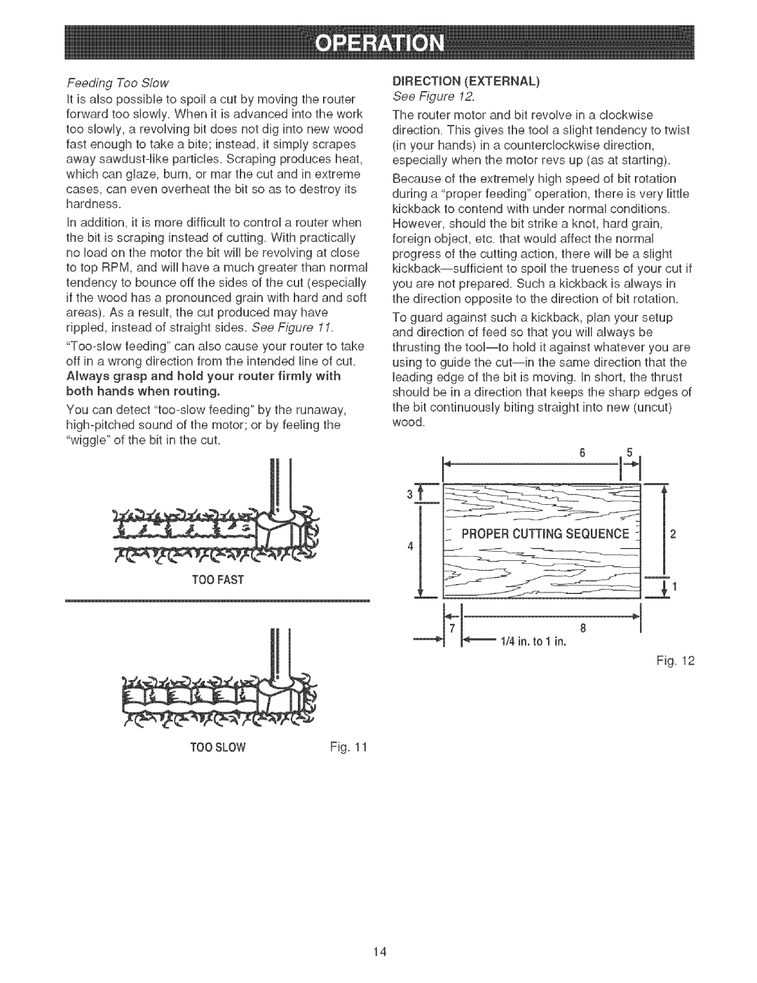 Craftsman 315.26921 manual Feeding Too Slow, Direction External, Proper Cutting Sequence Toofast Tooslow 