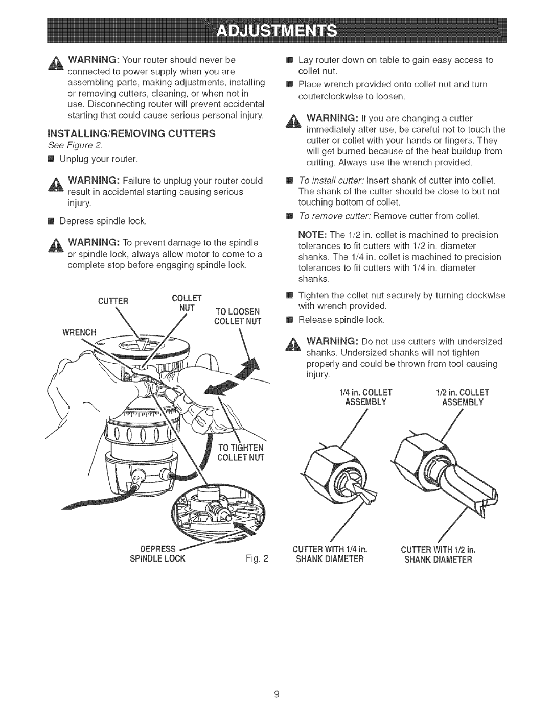 Craftsman 315.26921 manual INSTALUNG/REOVmNGCUTTERS, See Figure, Cuttercollet NUT to Loosen Colletnut Wrench, Shankdiameter 