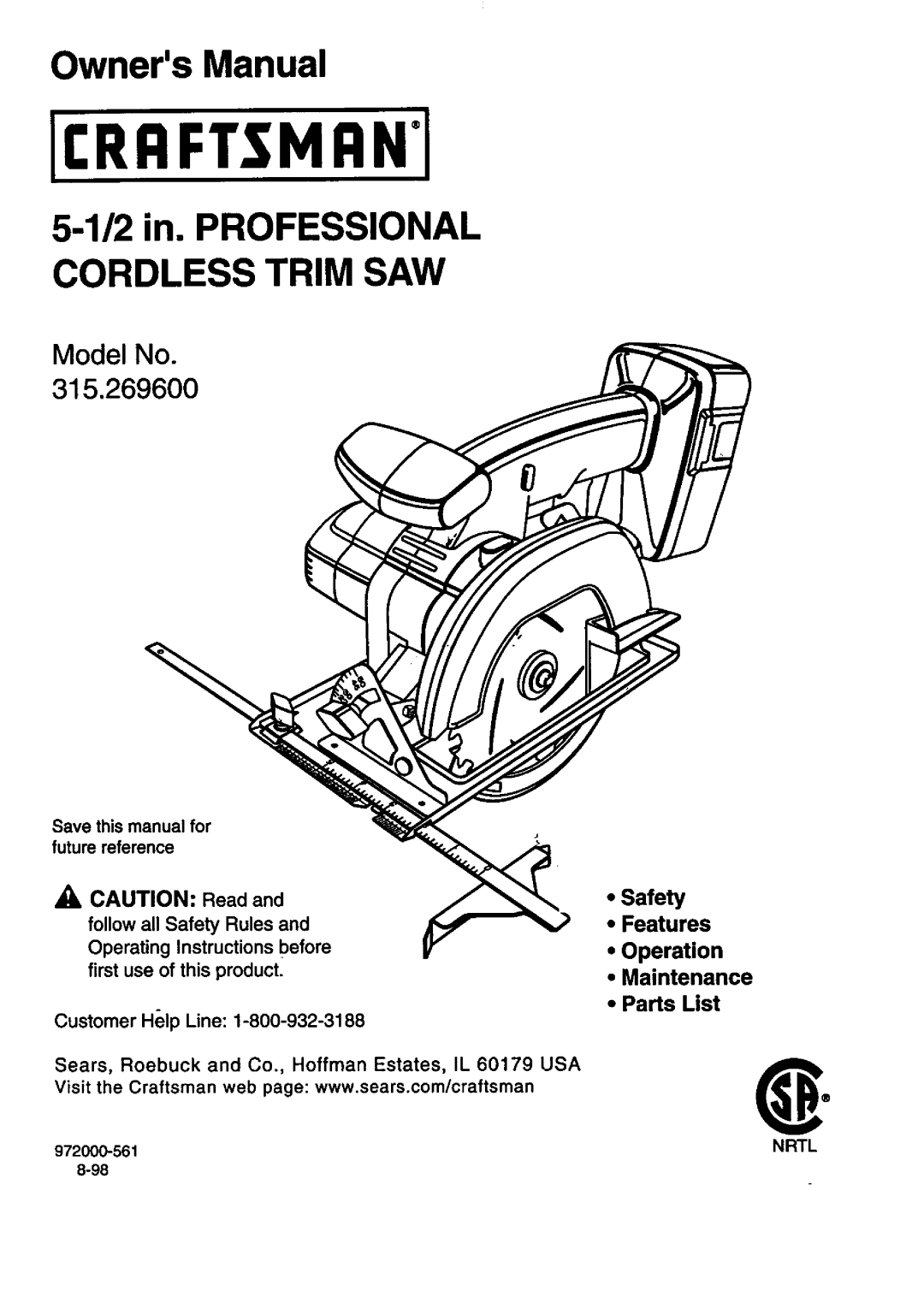 Craftsman 315.2696 owner manual OwnersManual 2 in. Professional Cordless Trim SAW, Nrtl 