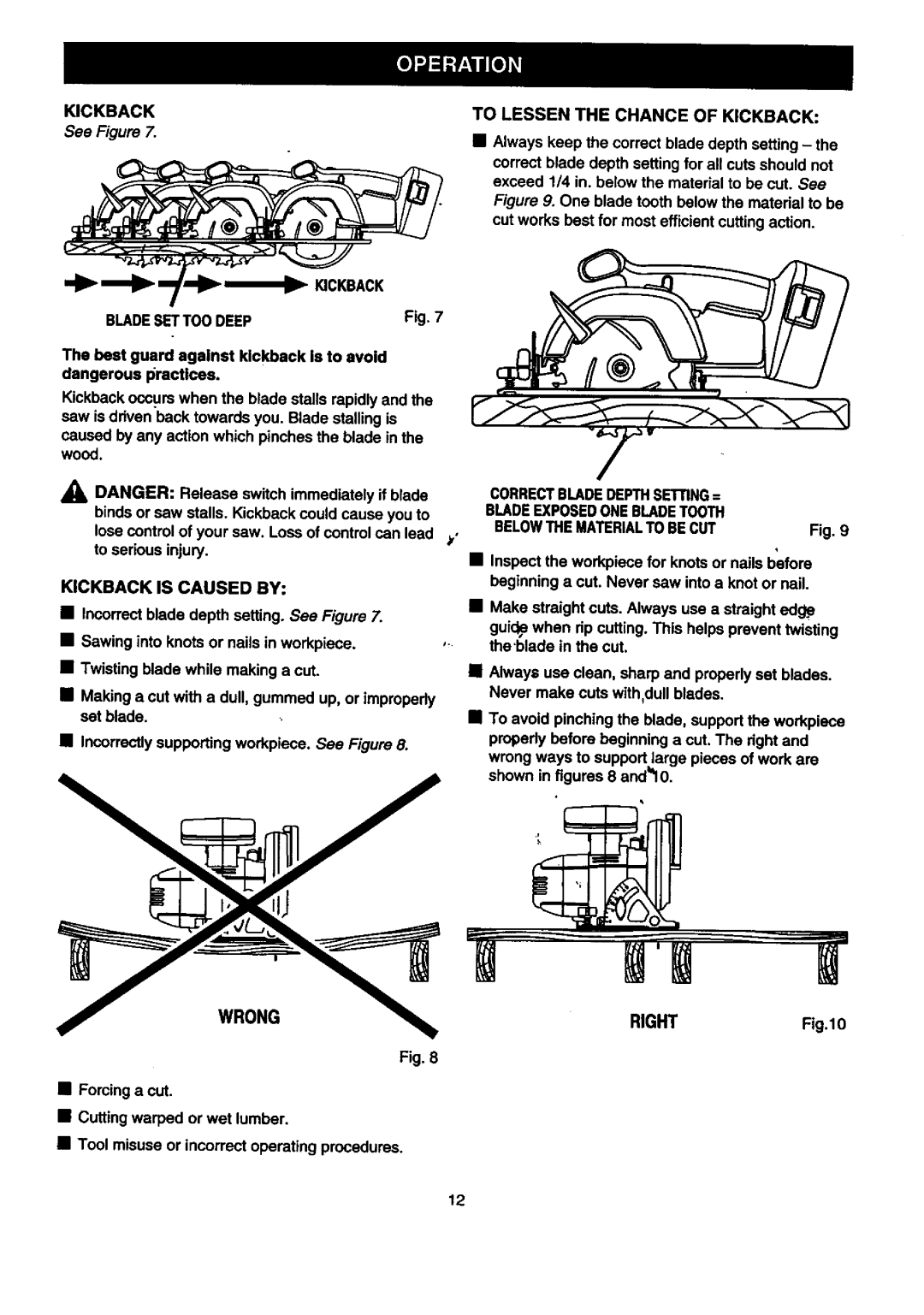 Craftsman 315.2696 owner manual To Lessen the Chance of Kickback, Wrong Right 