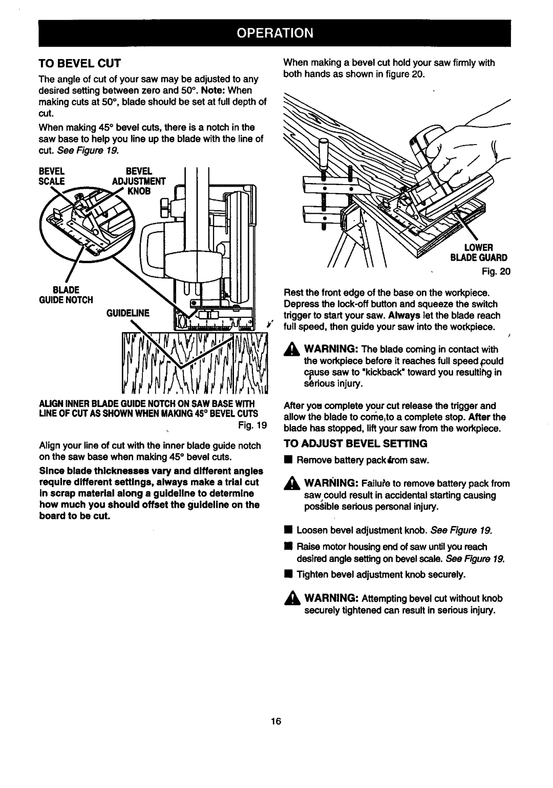 Craftsman 315.2696 owner manual To Bevel CUT, Lower Bladeguard, To Adjust Bevel Seifing 