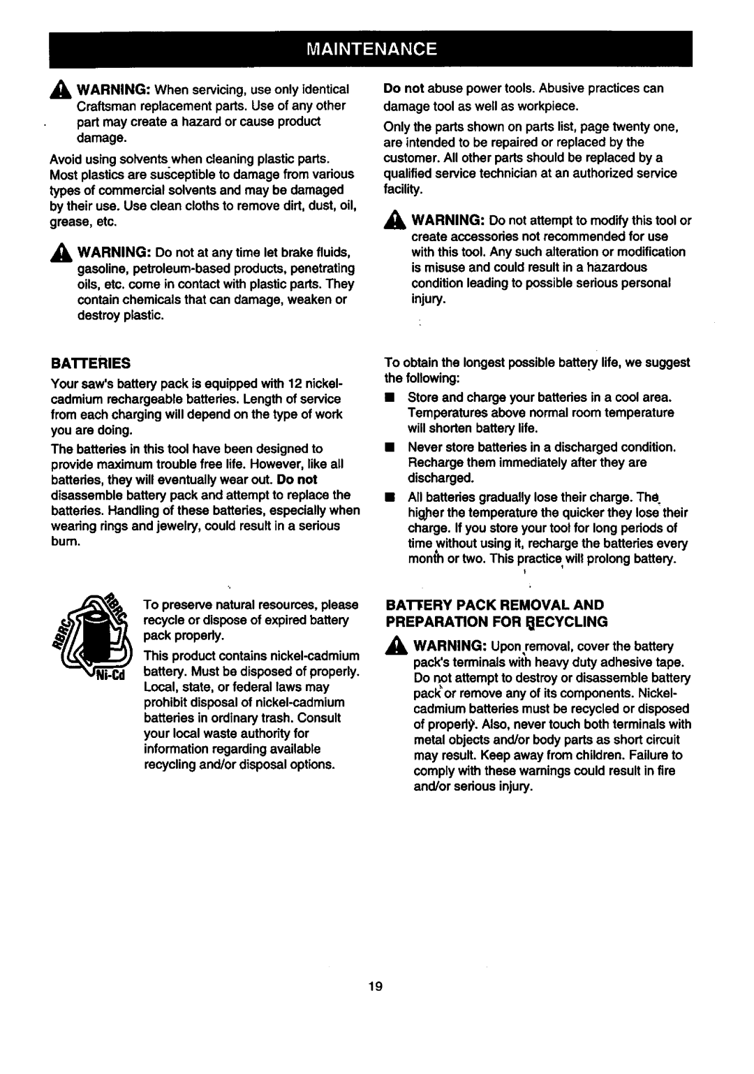 Craftsman 315.2696 owner manual Bareries, Battery Pack Removal Preparation for Iecycling 