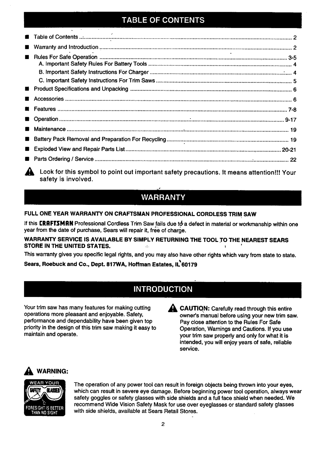 Craftsman 315.2696 owner manual = Warning, Store in the United States 