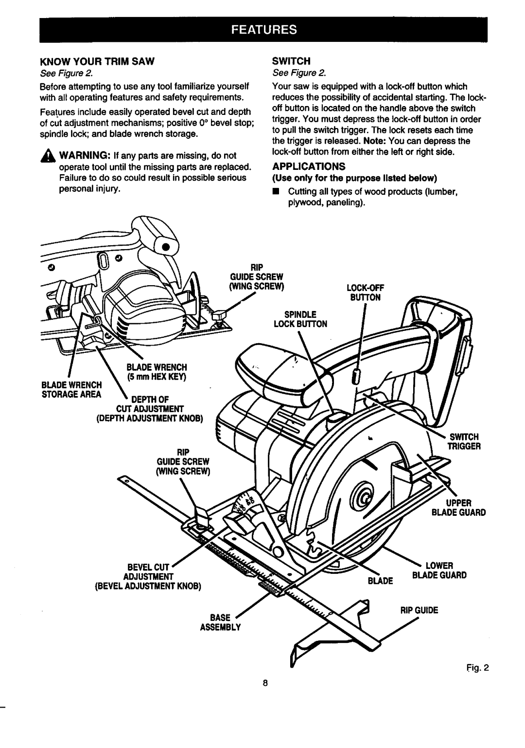 Craftsman 315.2696 owner manual Switch, Applications, RIP Guidescrew 