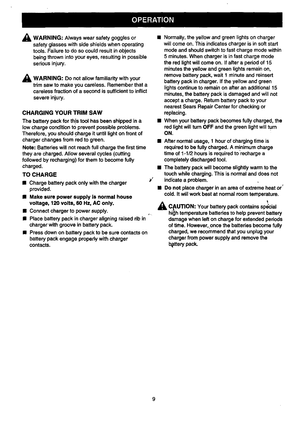 Craftsman 315.2696 owner manual Charging Your Trim SAW, To Charge 