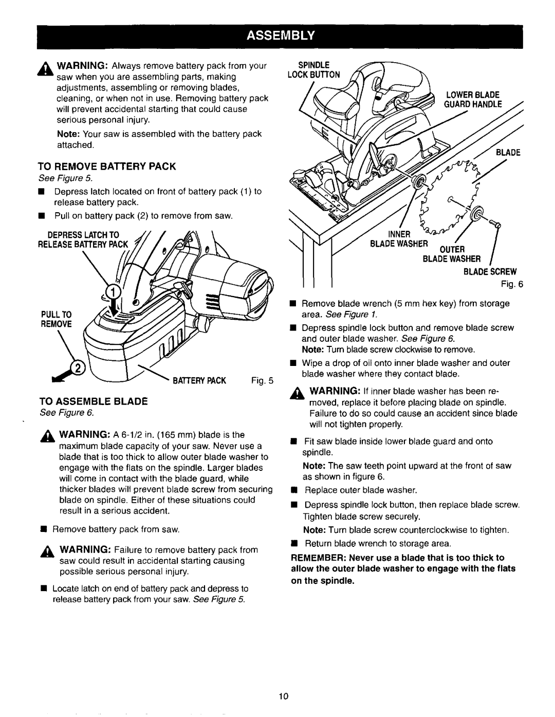 Craftsman 315.27119 owner manual Batterypack Fig, To Assemble Blade, Bladewasher Bladescrew, On the spindle 