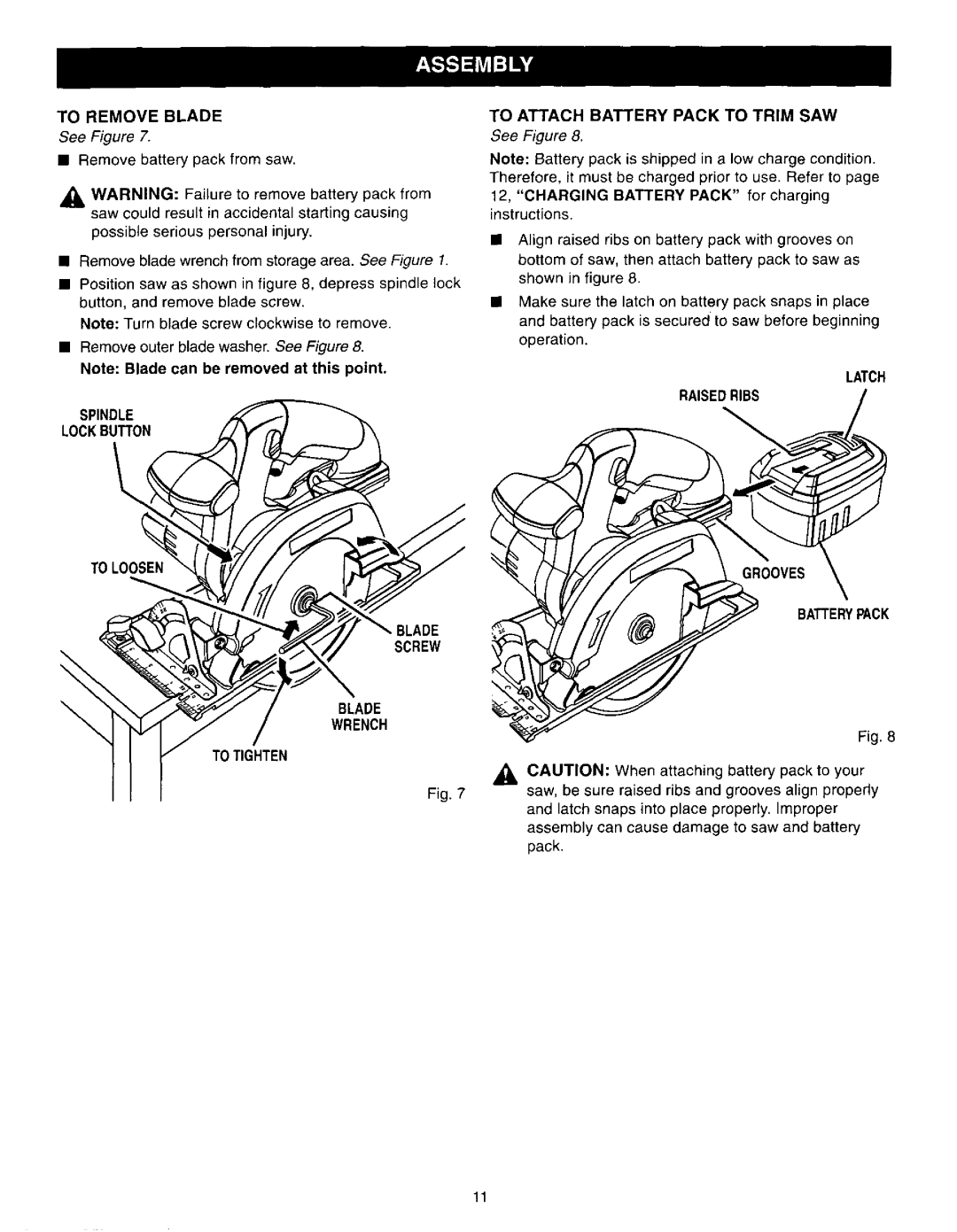 Craftsman 315.27119 owner manual Ba,,Er, C, To Remove Blade 