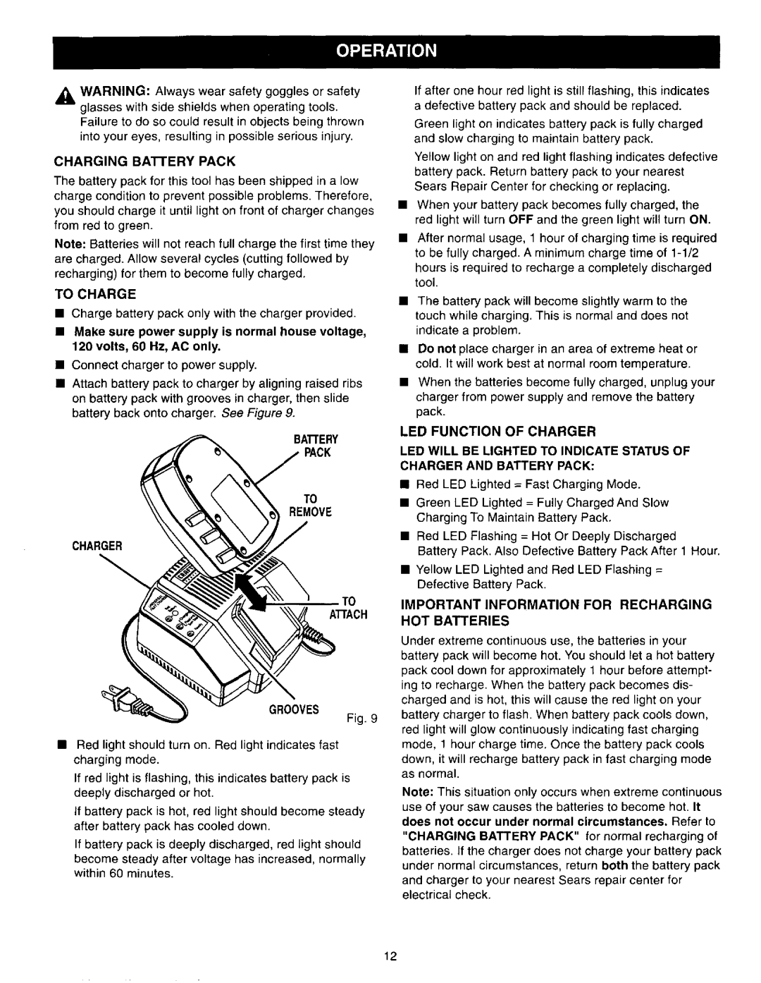 Craftsman 315.27119 Important Information for Recharging HOT Batteries, Chargingbattery Pack, BAIrERY, Pack Remove 