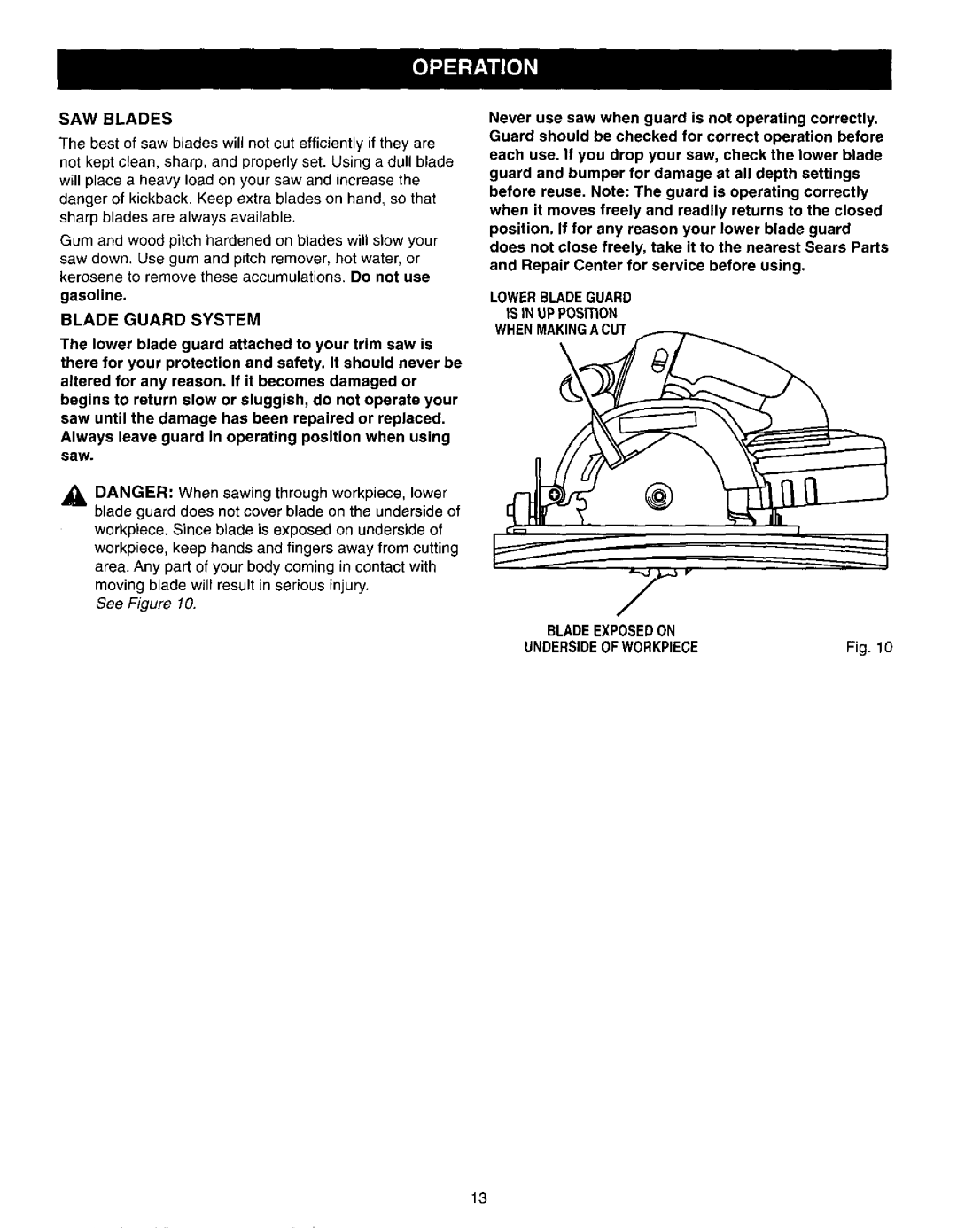 Craftsman 315.27119 owner manual SAW Blades, Gasoline, Blade Guard System 