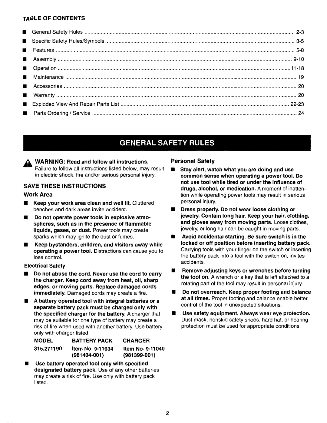 Craftsman 315.27119 owner manual Table of Contents, Modelbattery Pack Charger 