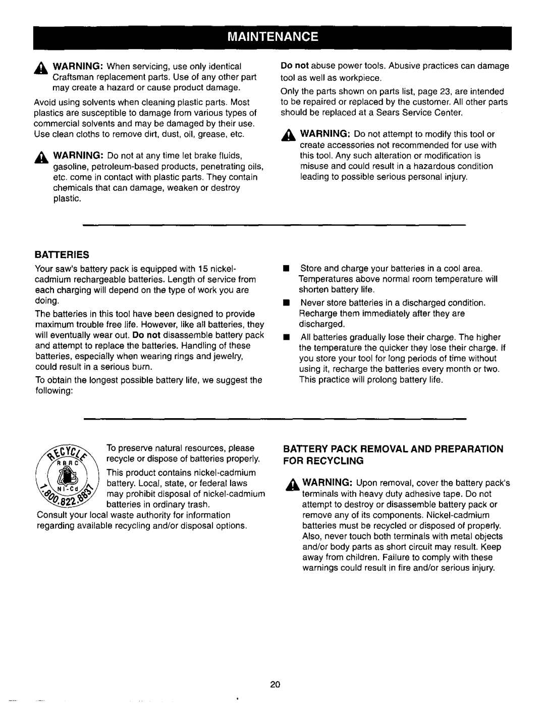 Craftsman 315.27119 owner manual Batteries, Battery Pack Removal and Preparation for Recycling 