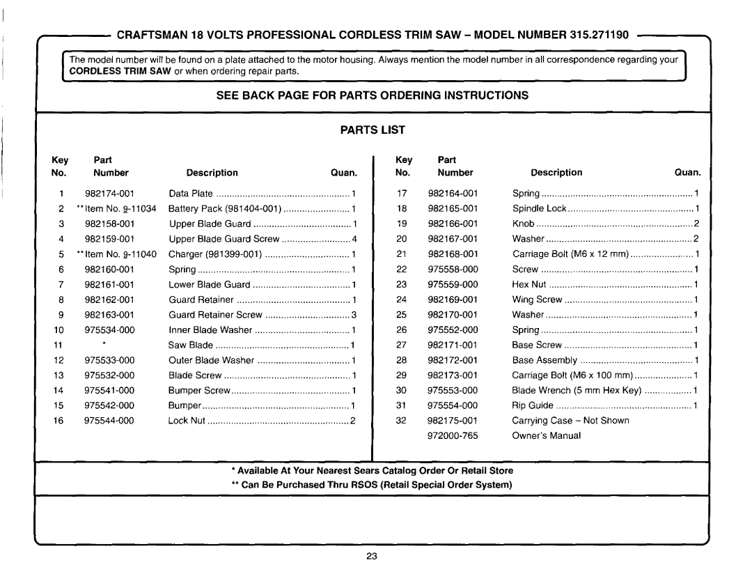 Craftsman 315.27119 See Back page for Parts Ordering Instructions Parts List, Key Part No. Number, Description Quan 