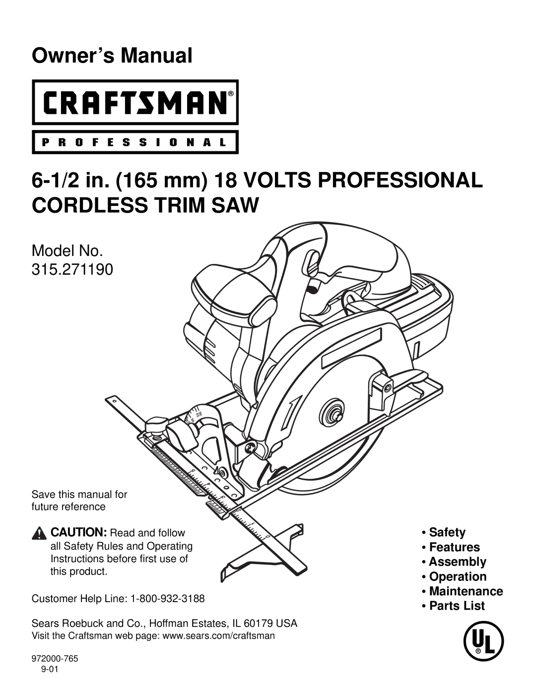 Craftsman 315.27119 owner manual in mm 18 Volts Professional Cordless Trim SAW 