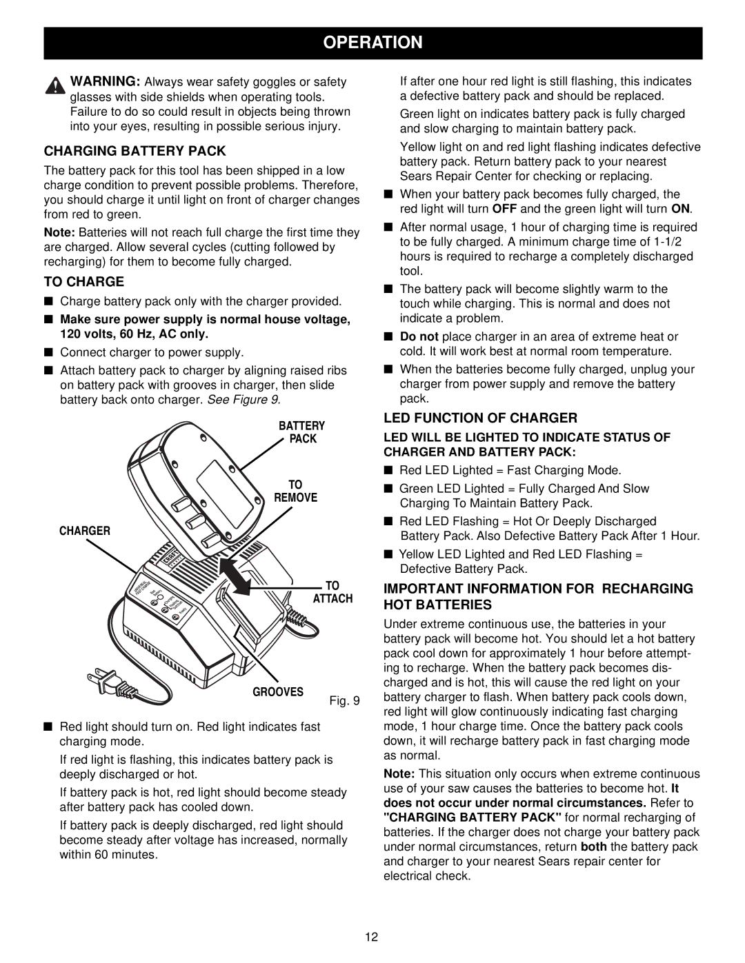 Craftsman 315.27119 Operation, Charging Battery Pack, To Charge, Important Information for Recharging HOT Batteries 