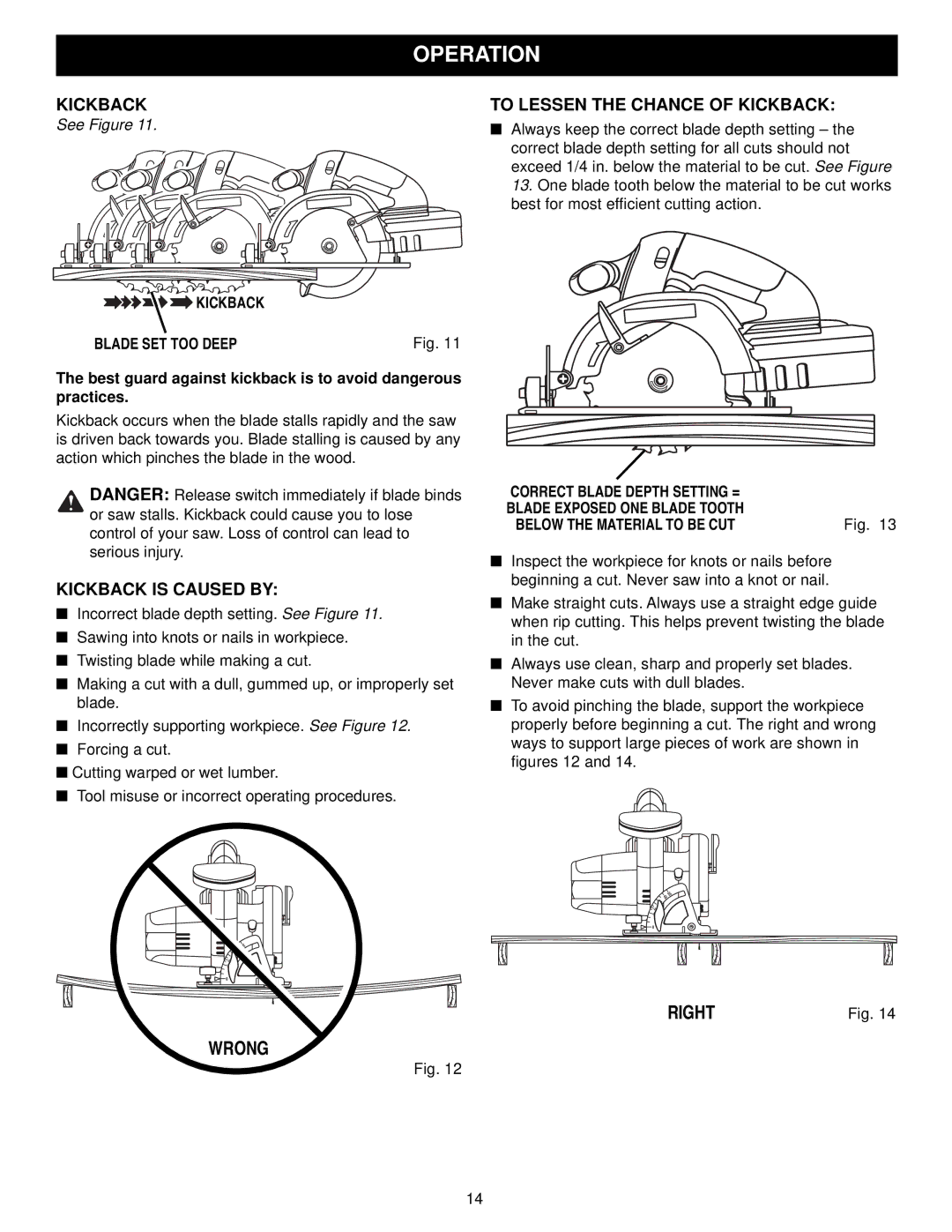 Craftsman 315.27119 owner manual Wrong, Right, Kickback is Caused by, To Lessen the Chance of Kickback 