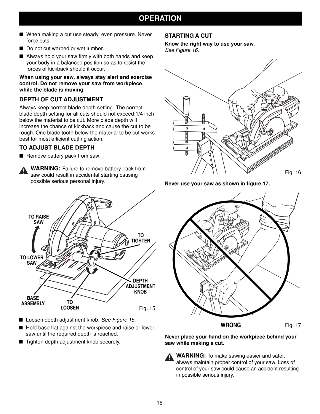 Craftsman 315.27119 owner manual Depth of CUT Adjustment, To Adjust Blade Depth, Starting a CUT, To Raise SAW Tighten 