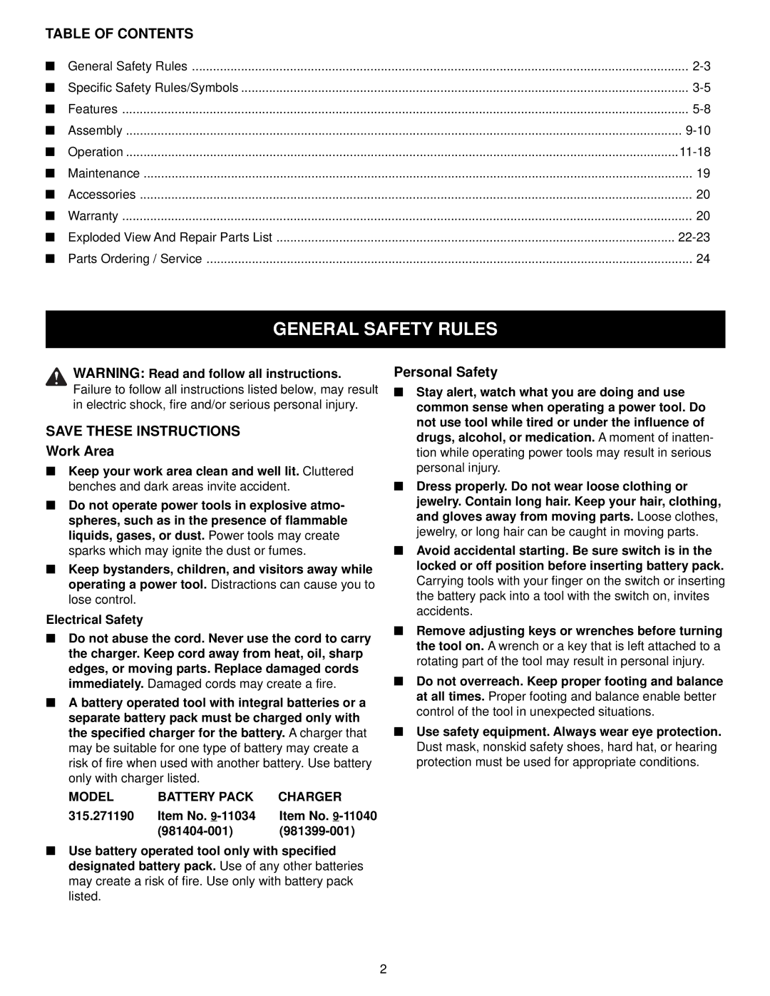 Craftsman 315.27119 owner manual General Safety Rules, Table of Contents 