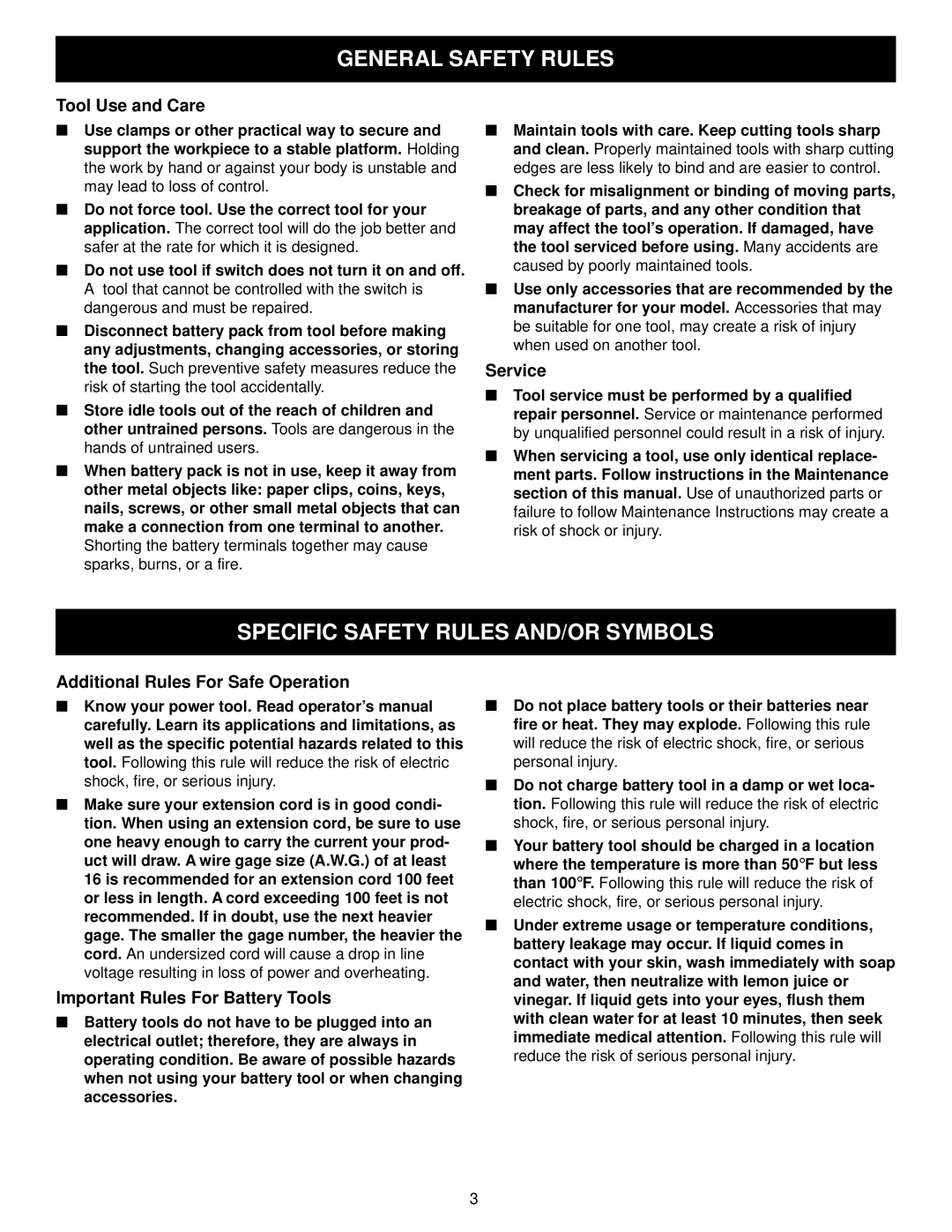 Craftsman 315.27119 Specific Safety Rules AND/OR Symbols, Tool Use and Care, Service, Additional Rules For Safe Operation 