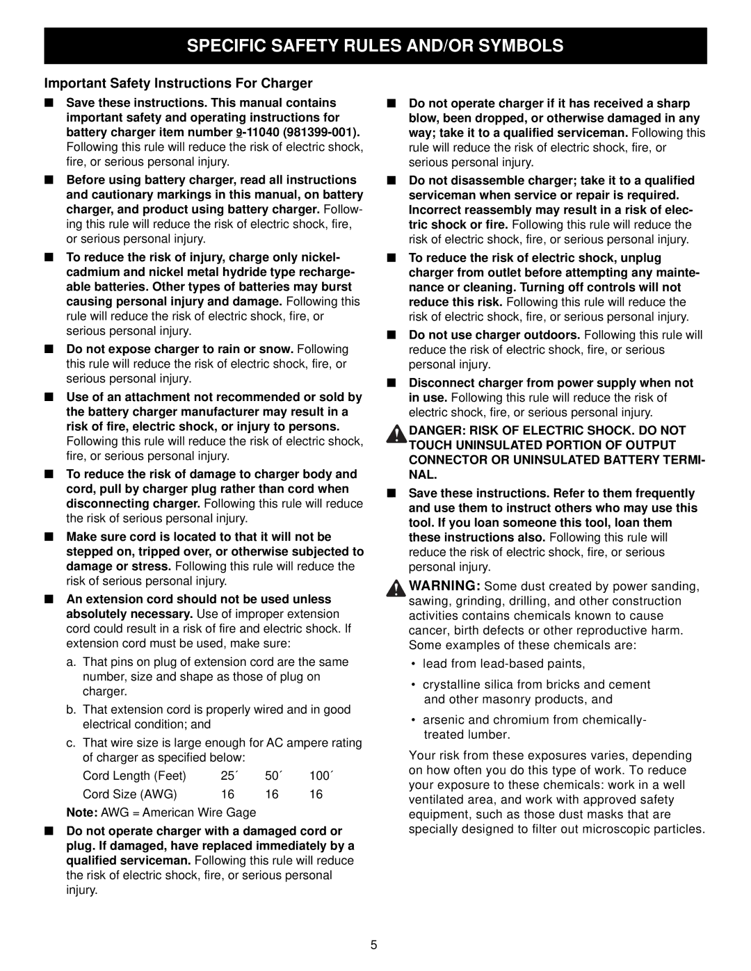 Craftsman 315.27119 owner manual Important Safety Instructions For Charger 