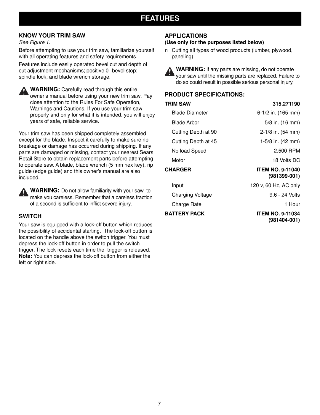 Craftsman 315.27119 owner manual Know Your Trim SAW, Switch, Applications, Product Specifications 