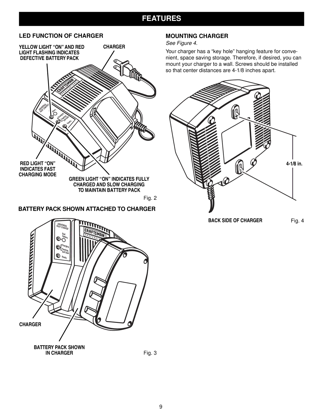 Craftsman 315.27119 owner manual LED Function of Charger, Battery Pack Shown Attached to Charger, Mounting Charger 