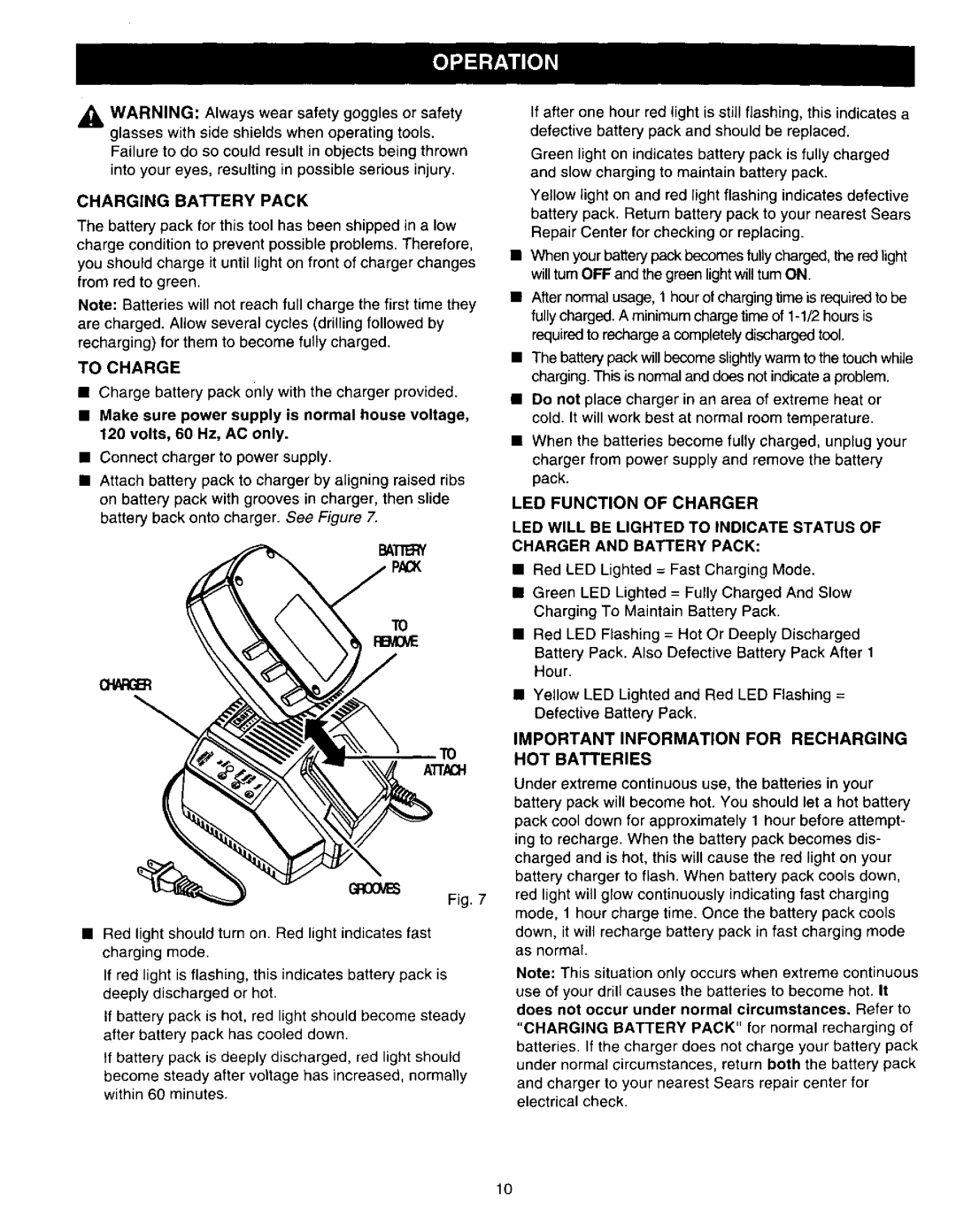 Craftsman 315.27122 Charging Battery Pack, To Charge, GR00VI, Important Information for Recharging HOT Batteries 