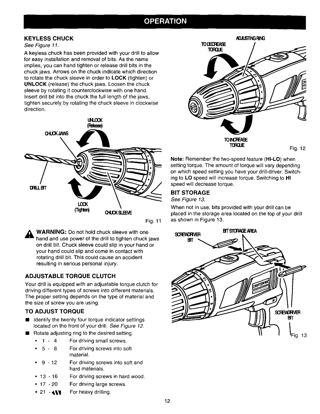 Craftsman 315.27122 owner manual Dru.Bit, Adjustable Torque Clutch, To Adjust Torque, Btstoragenea 