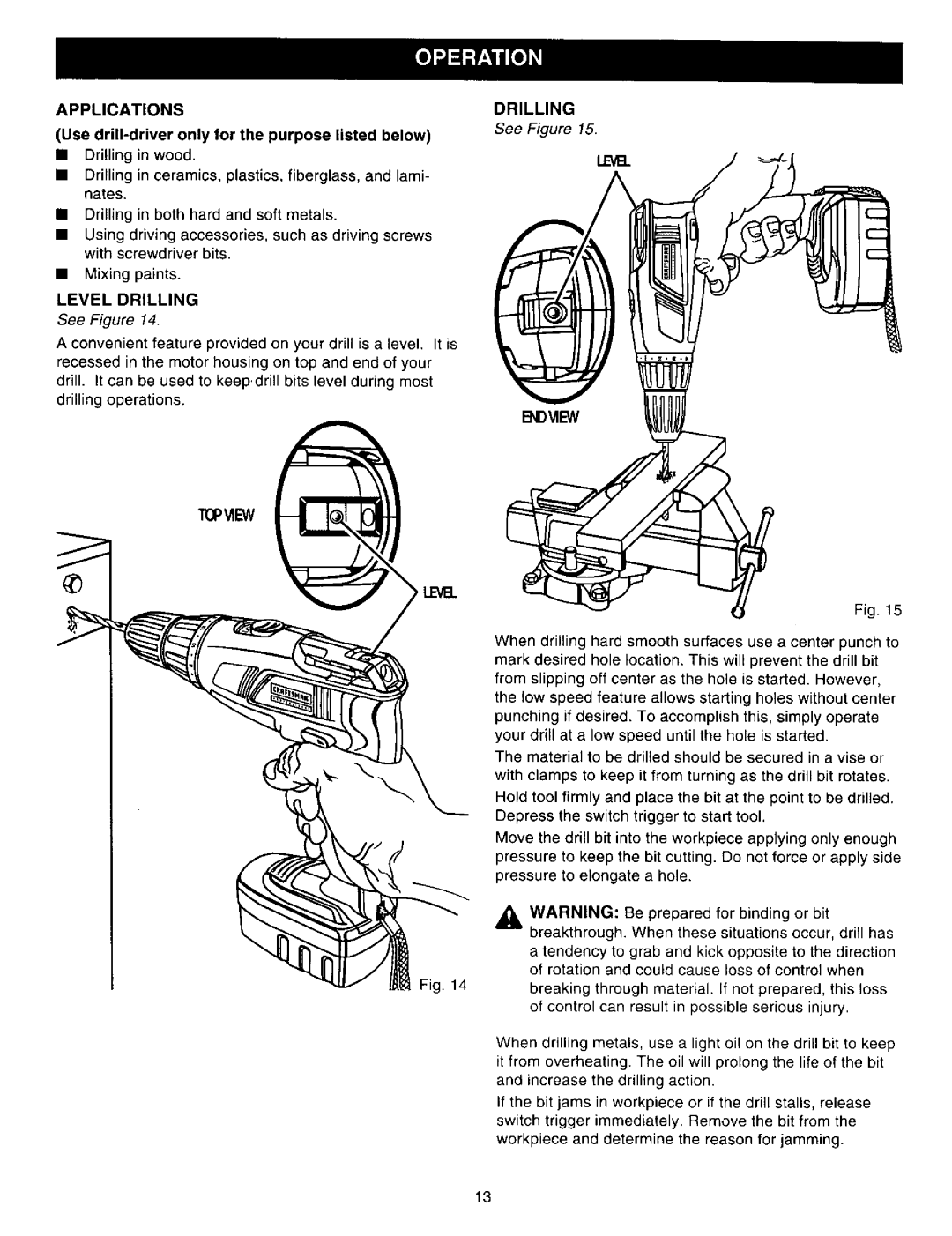 Craftsman 315.27122 owner manual Applications, Drilling 