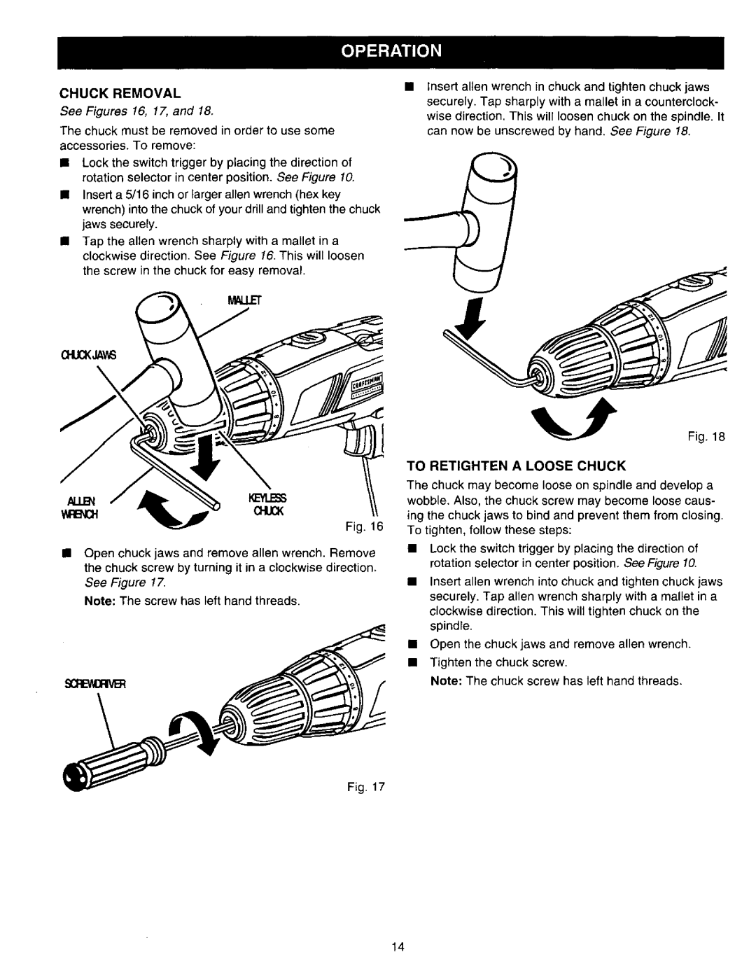 Craftsman 315.27122 owner manual Chuck Removal, To Retighten a Loose Chuck 