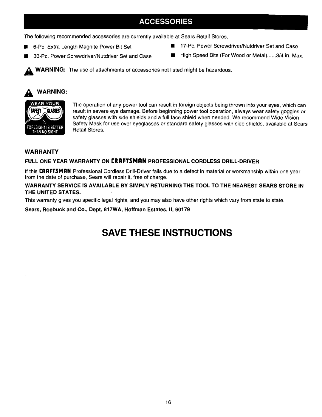 Craftsman 315.27122 owner manual Savetheseinstructions 