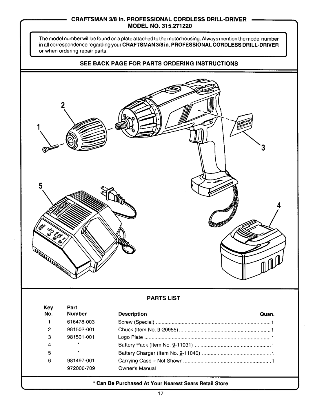 Craftsman 315.27122 owner manual See Back page for Parts Ordering Instructions Parts List, Key PaN Number Description Quan 