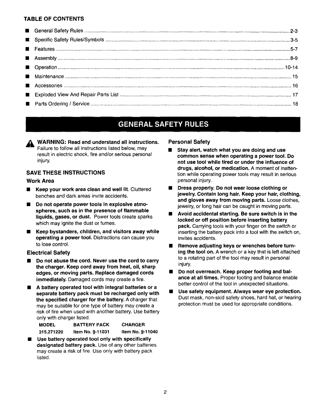 Craftsman 315.27122 owner manual Table of Contents, Model Battery Pack Charger 