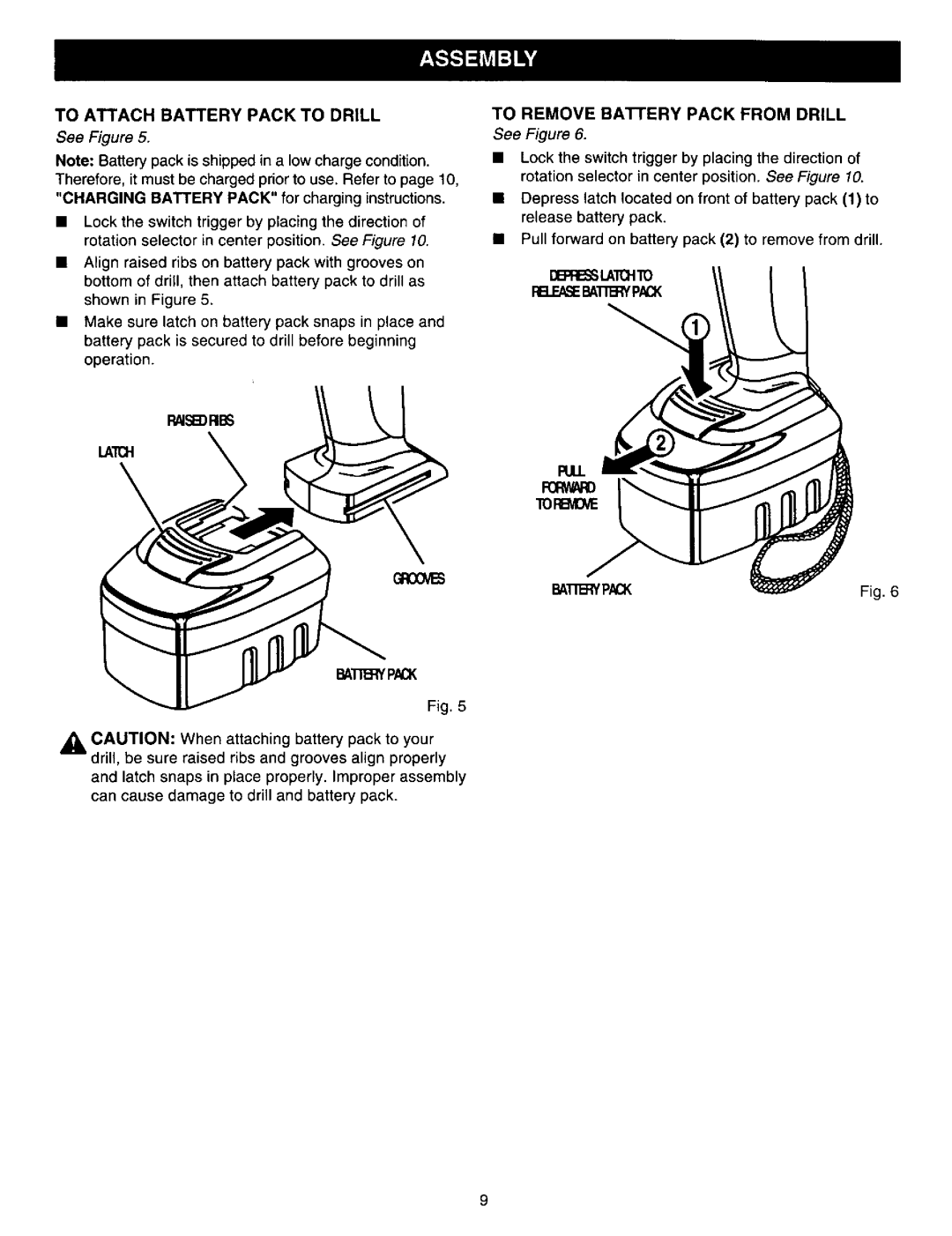 Craftsman 315.27122 owner manual To Attach Battery Pack to Drill, Cxves BA Pack, To Remove Battery Pack from Drill 